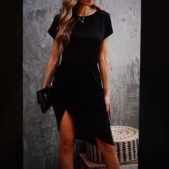 069. Black Side Shirring Short Sleeve Mini Dress Size S - Picture 6 of 13